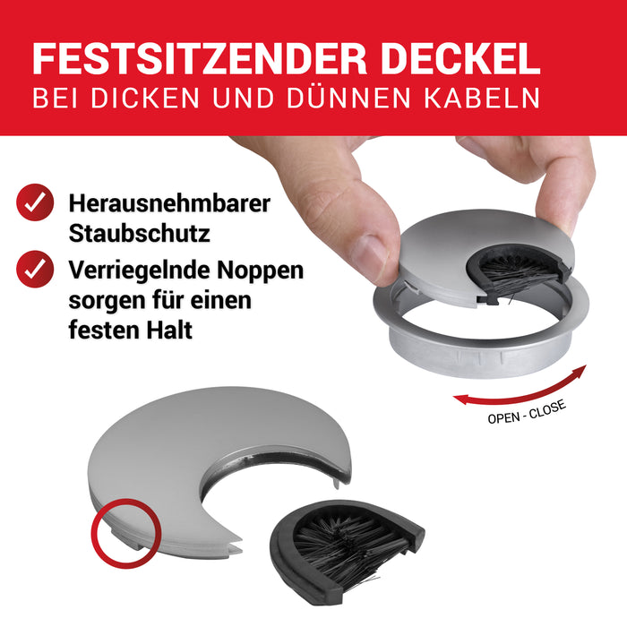 LouMaxx Kabeldurchführung 58mm Ø - 2er-Set Metall matt Chrom Kabeldurchführung Schreibtisch mit Staubdichtung - Für mehr Ordnung und Übersicht