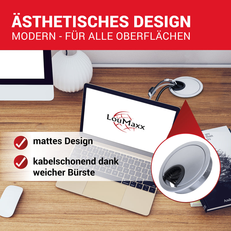 LouMaxx Kabeldurchführung 58mm Ø - 2er-Set Metall matt Chrom Kabeldurchführung Schreibtisch mit Staubdichtung - Für mehr Ordnung und Übersicht