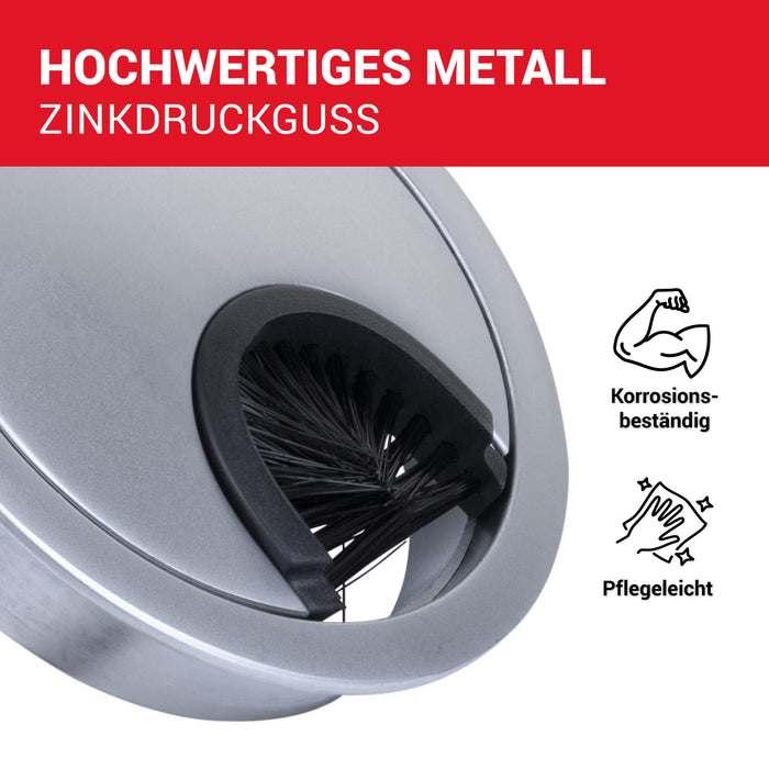 LouMaxx Kabeldurchführung 60mm Ø - 2er-Set Metall matt Chrom Kabeldurchführung Schreibtisch mit Staubdichtung - Für mehr Ordnung und Übersicht