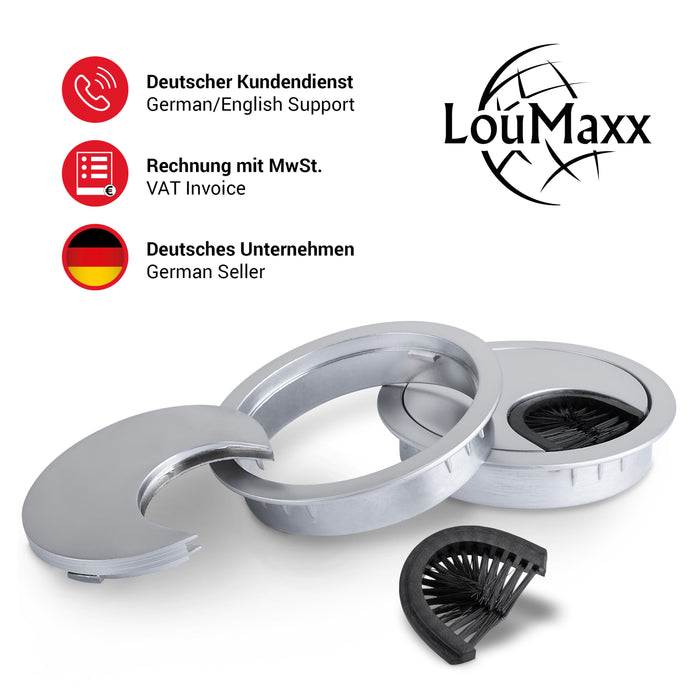 LouMaxx Kabeldurchführung 58mm Ø - 2er-Set Metall matt Chrom Kabeldurchführung Schreibtisch mit Staubdichtung - Für mehr Ordnung und Übersicht