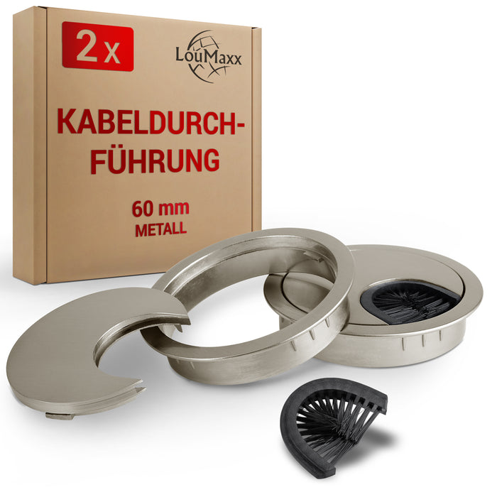 LouMaxx Kabeldurchführung 60 mm Ø –  2er Set Metall matt Nickel Kabeldurchführung Schreibtisch mit Bürstendichtung