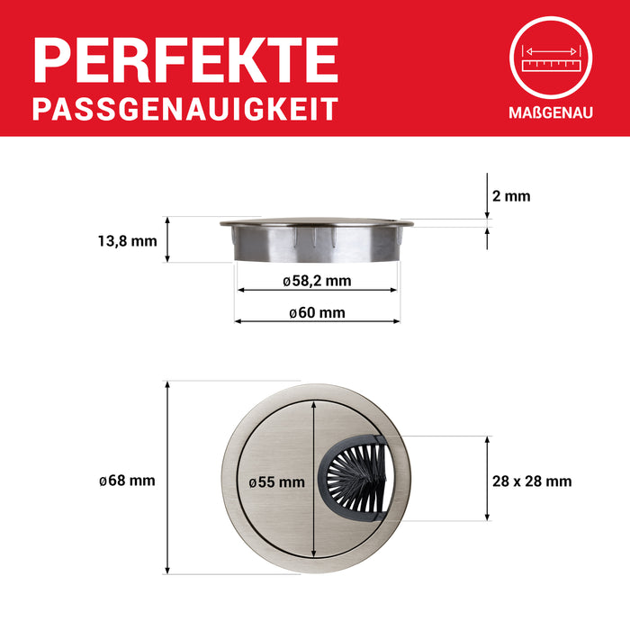 LouMaxx Kabeldurchführung 60 mm Ø –  2er Set Metall matt Nickel Kabeldurchführung Schreibtisch mit Bürstendichtung