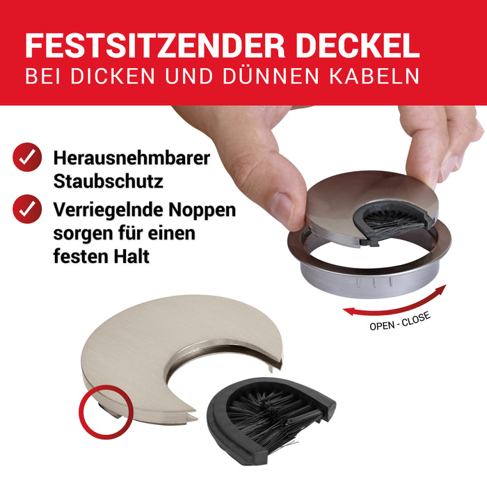 LouMaxx Kabeldurchführung 60 mm Ø –  2er Set Metall matt Nickel Kabeldurchführung Schreibtisch mit Bürstendichtung