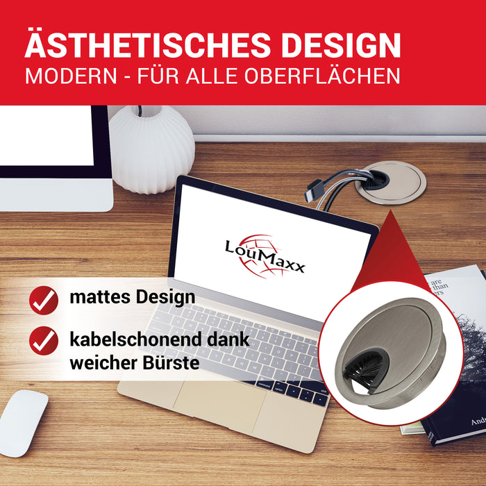 LouMaxx Kabeldurchführung 58 mm Ø –  2er Set Metall matt Nickel Kabeldurchführung Schreibtisch mit Bürstendichtung