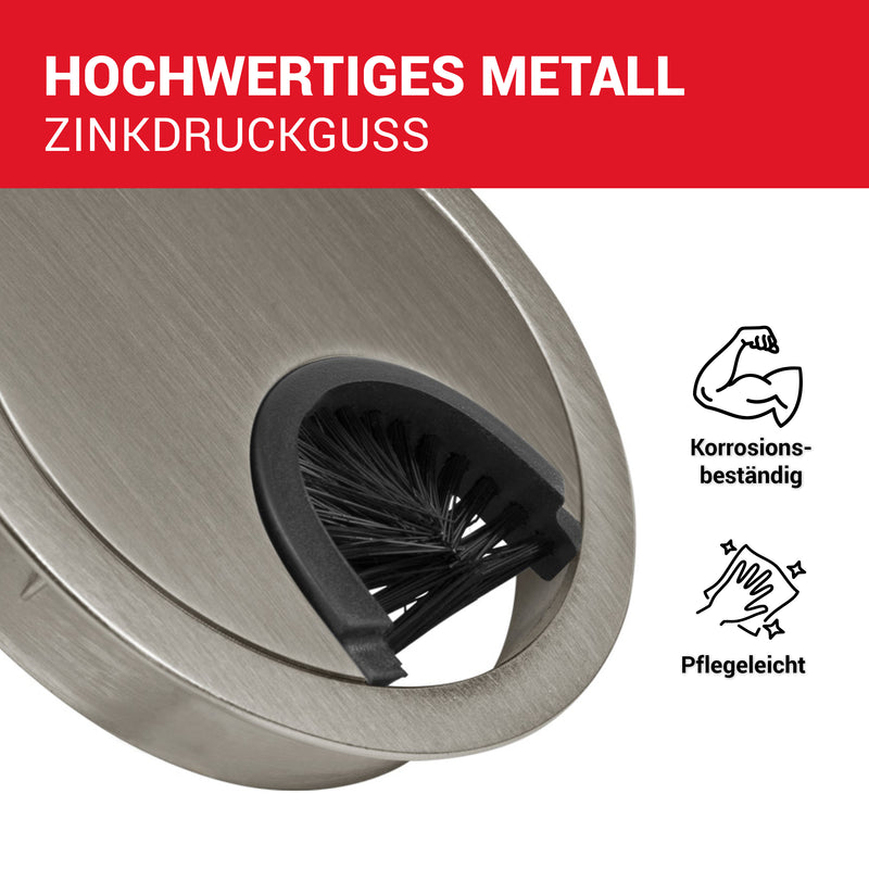 LouMaxx Kabeldurchführung 58 mm Ø –  2er Set Metall matt Nickel Kabeldurchführung Schreibtisch mit Bürstendichtung