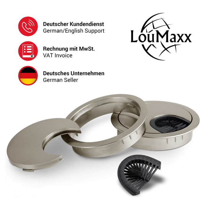 LouMaxx Kabeldurchführung 60 mm Ø –  2er Set Metall matt Nickel Kabeldurchführung Schreibtisch mit Bürstendichtung