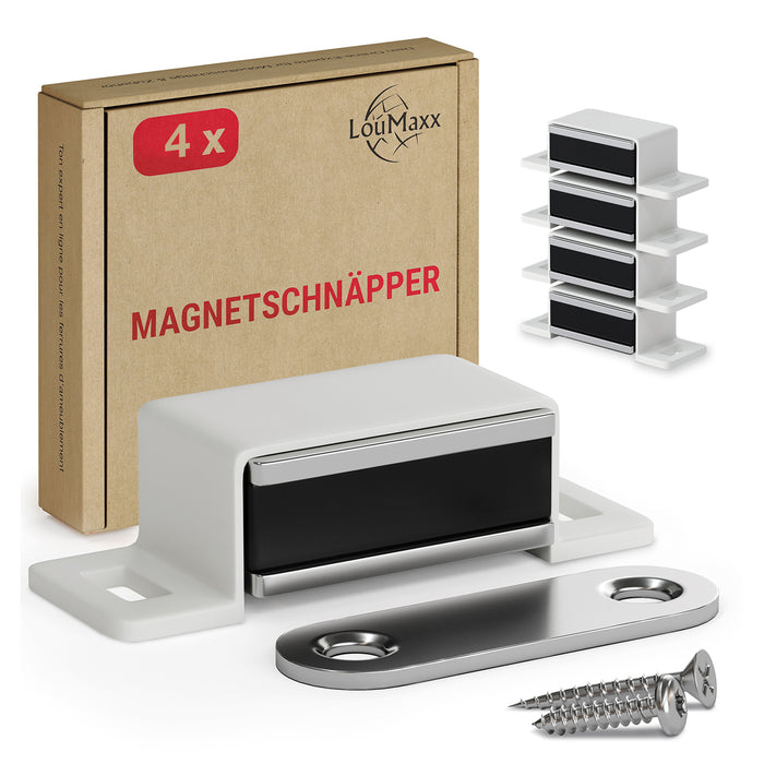 LouMaxx Magnetschnäpper stark - Haltekraft 4kg - 4er Set in weiß – Türmagnet - Magnetverschluss - Tür Magnet - Magnetverschluss Schrank