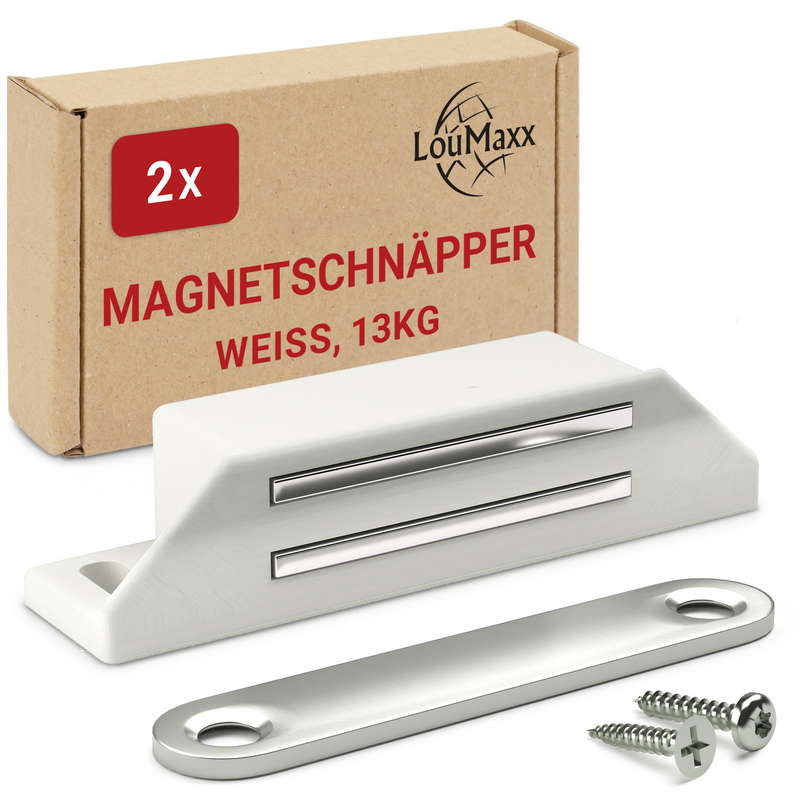 LouMaxx Magnetschnäpper extra stark - Haltekraft 13kg – 2er Set in weiß Magnetverschluss – Magnetschloss – Türmagnet
