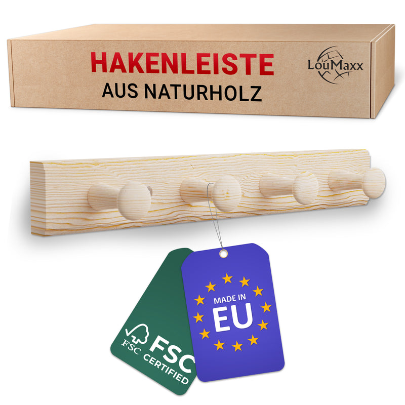 LouMaxx Hakenleiste Holz aus Kiefer mit 4 Holzhaken – Wandgarderobe Holz - Garderobe Kinder - Garderobe Holz - Kleiderhaken Holz zur Wandbefestigung