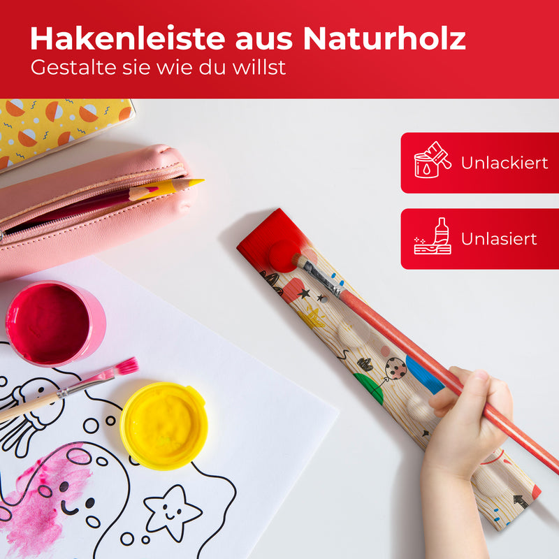 LouMaxx Hakenleiste Holz aus Kiefer mit 4 Holzhaken – Wandgarderobe Holz - Garderobe Kinder - Garderobe Holz - Kleiderhaken Holz zur Wandbefestigung