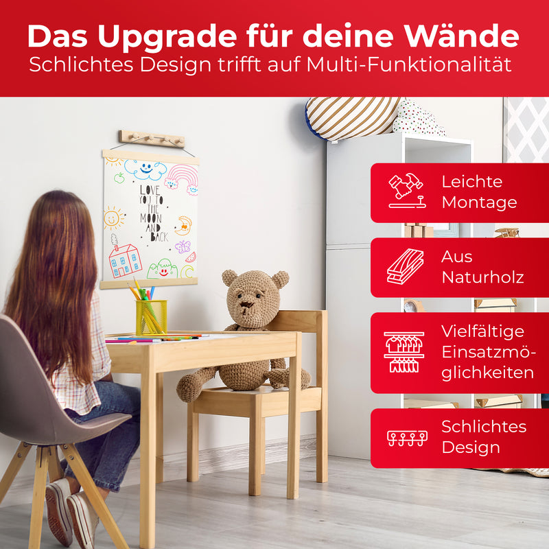 LouMaxx Hakenleiste Holz aus Kiefer mit 4 Holzhaken – Wandgarderobe Holz - Garderobe Kinder - Garderobe Holz - Kleiderhaken Holz zur Wandbefestigung