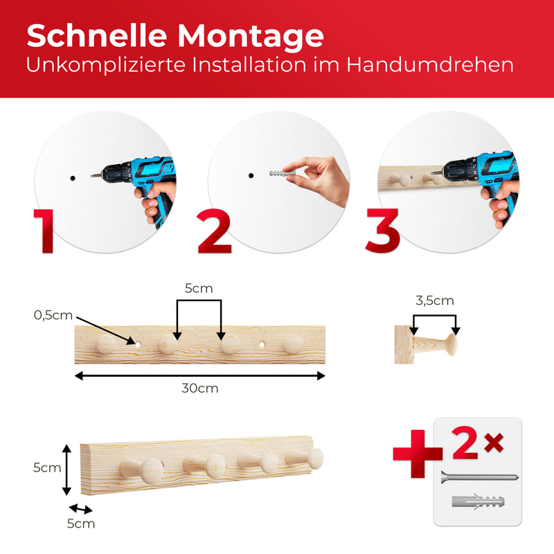 LouMaxx Hakenleiste Holz aus Kiefer mit 4 Holzhaken – Wandgarderobe Holz - Garderobe Kinder - Garderobe Holz - Kleiderhaken Holz zur Wandbefestigung