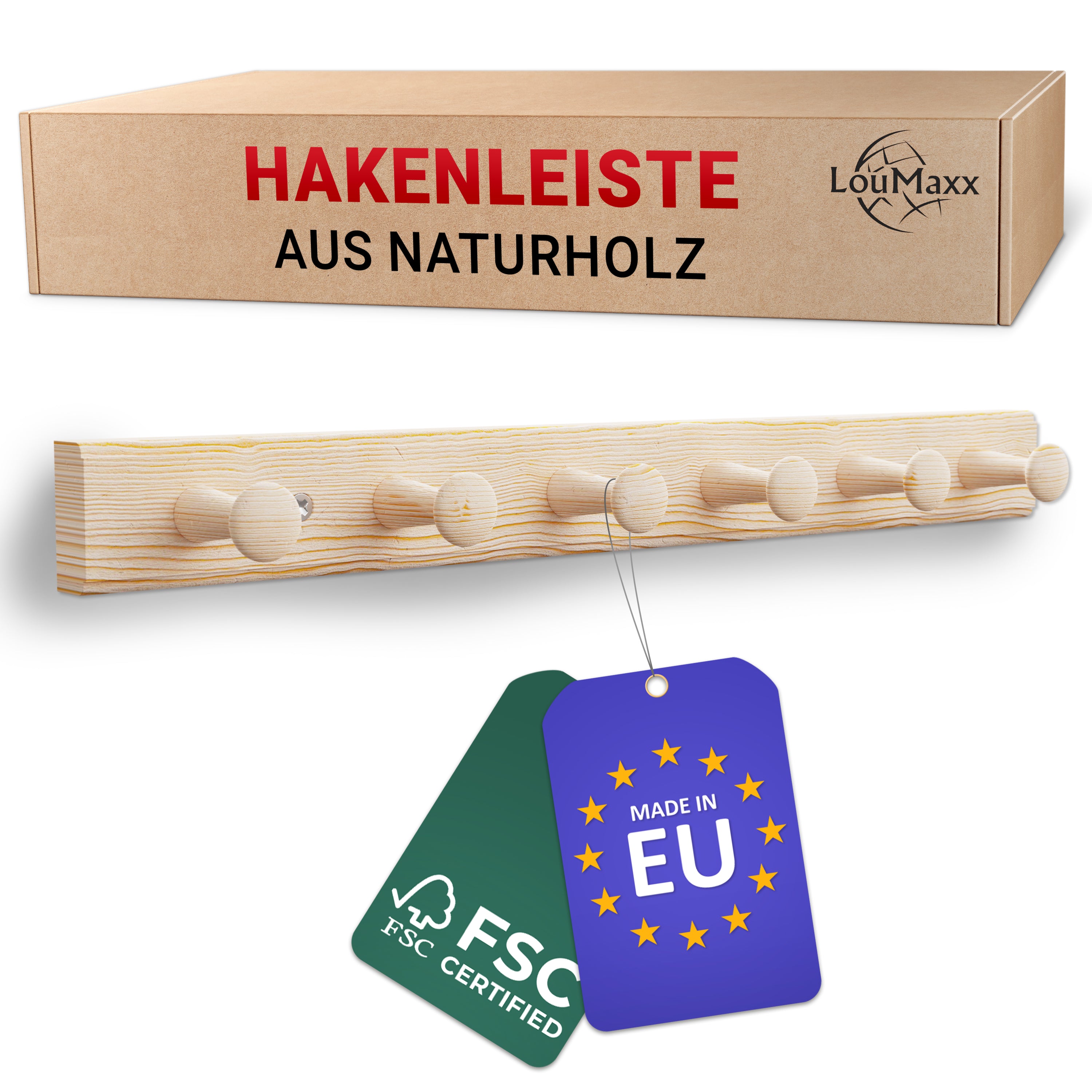 LouMaxx Hakenleiste Holz aus Kiefer mit 6 Holzhaken – Wandgarderobe Holz - Garderobe Kinder - Garderobe Holz - Kleiderhaken Holz zur Wandbefestigung