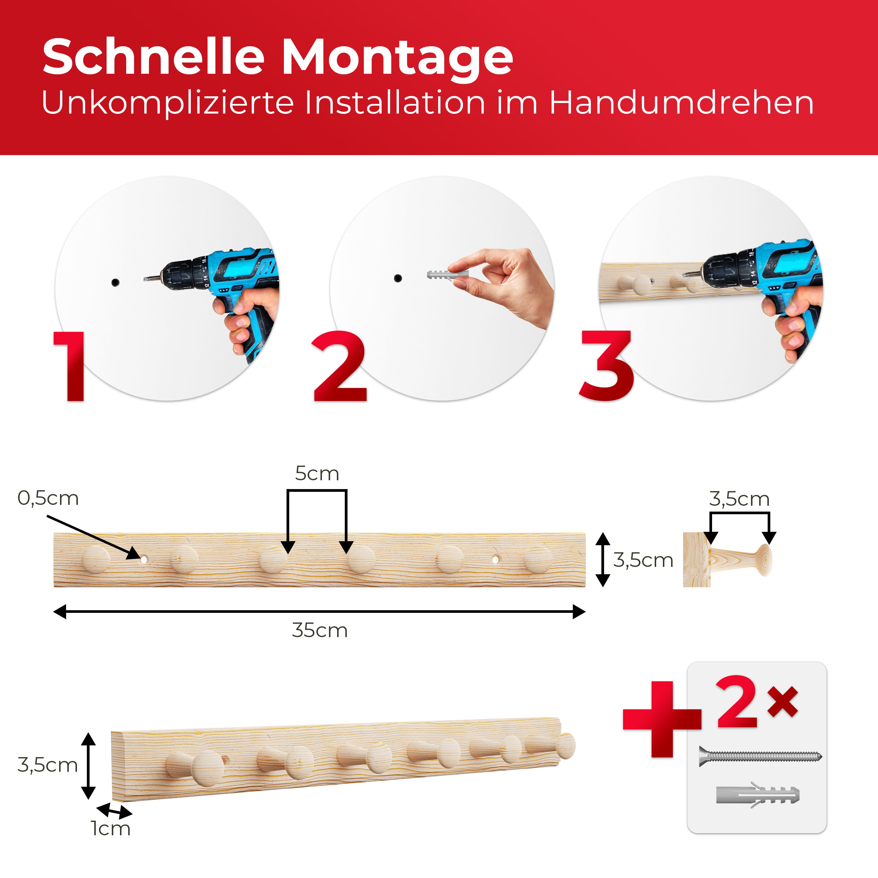 LouMaxx Hakenleiste Holz aus Kiefer mit 6 Holzhaken – Wandgarderobe Holz - Garderobe Kinder - Garderobe Holz - Kleiderhaken Holz zur Wandbefestigung