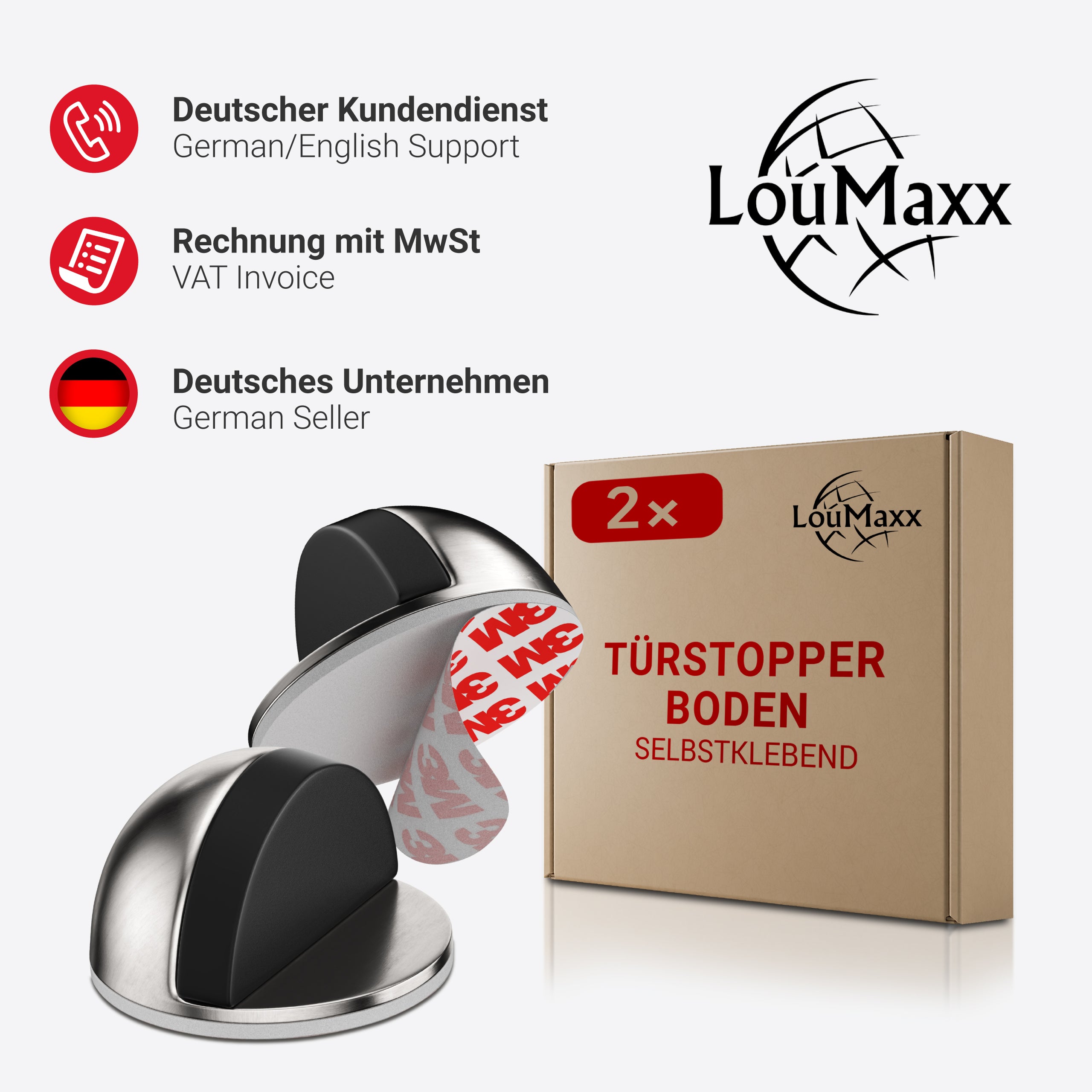 LouMaxx Türstopper Edelstahl Boden - Bodentürstopper selbstklebend in Edelstahl Optik - vermeidet als Türpuffer Beschädigungen an Tür und Wand - ein Türstopper ohne Bohren 2 Stück