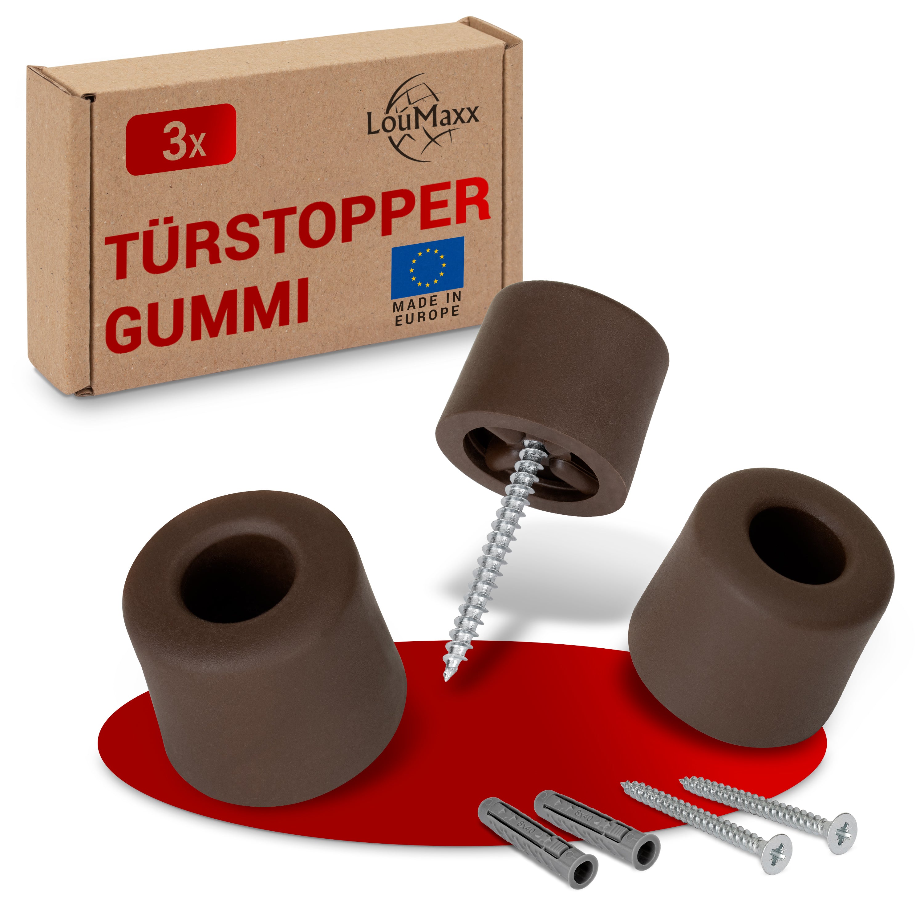 LouMaxx Türstopper Boden Schrauben aus Gummi - 3er Set in braun - Türstopper Gummi - Türstopper Kunststoff - Türstopper Bodenmontage