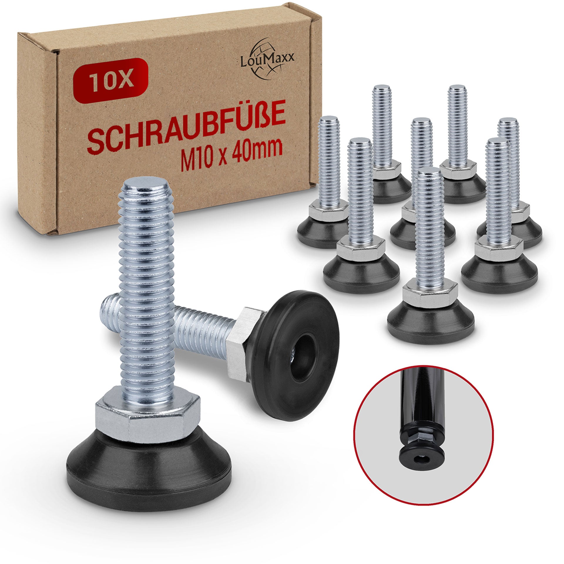 LouMaxx Regulierschrauben M10 10er Set - Stellfüße - Bodenausgleichsschraube - Regulierschraube - Stellschraube – Verstellschraube M10x40 mm