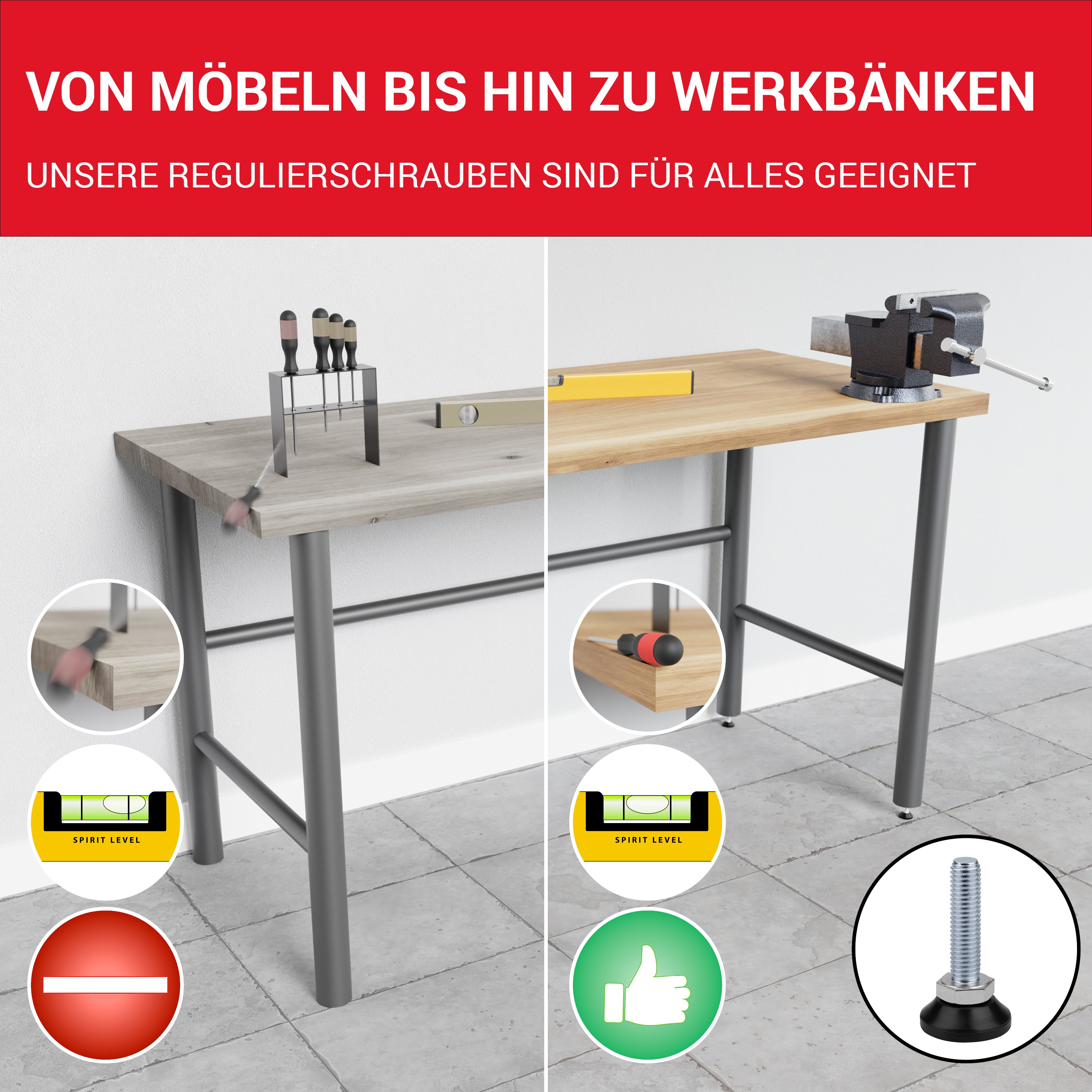 LouMaxx Regulierschrauben M10 10er Set - Stellfüße - Bodenausgleichsschraube - Regulierschraube - Stellschraube – Verstellschraube M10x40 mm