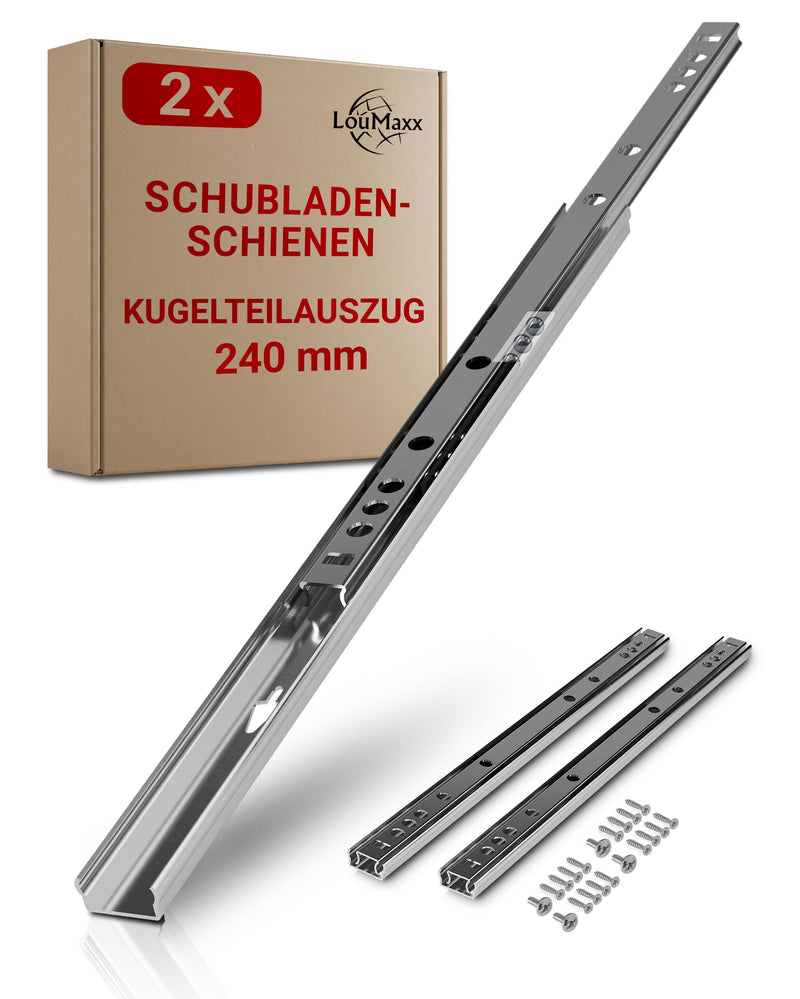 LouMaxx Kugelauszug 2er Set (1 Paar) Schubladenschienen 240 mm / 17mm Nut Schubladenauszug - Schienen für Schubladen - Schubladen Schienensystem