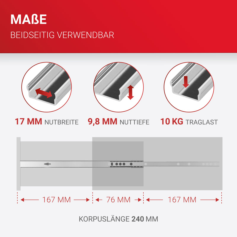 LouMaxx Kugelauszug 2er Set (1 Paar) Schubladenschienen 240 mm / 17mm Nut Schubladenauszug - Schienen für Schubladen - Schubladen Schienensystem