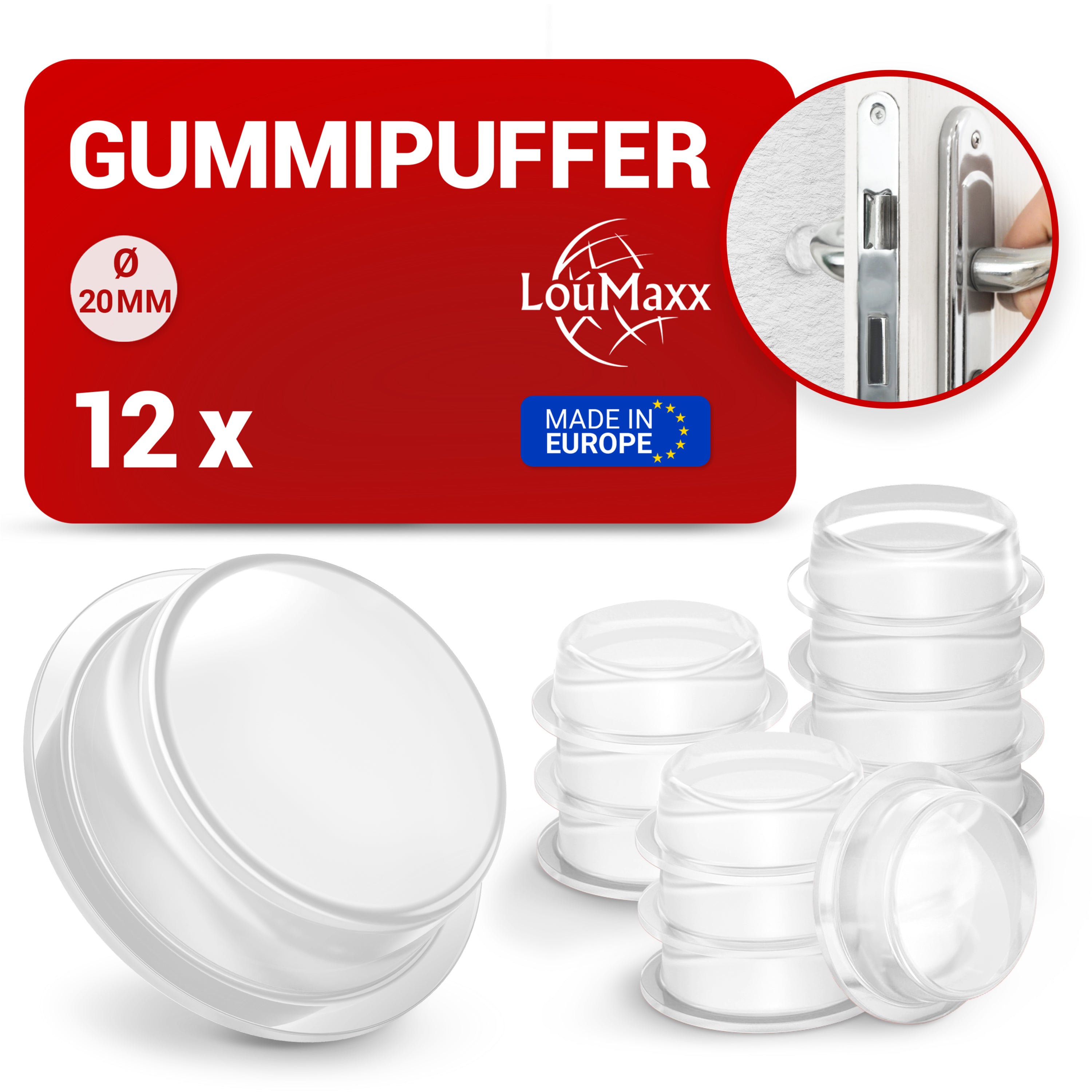 LouMaxx Gummipuffer - 12x Puffer transparent 20mm Ø - Gumminoppen für Glasplatten – Elastikpuffer transparent selbstklebend – Anschlagpuffer