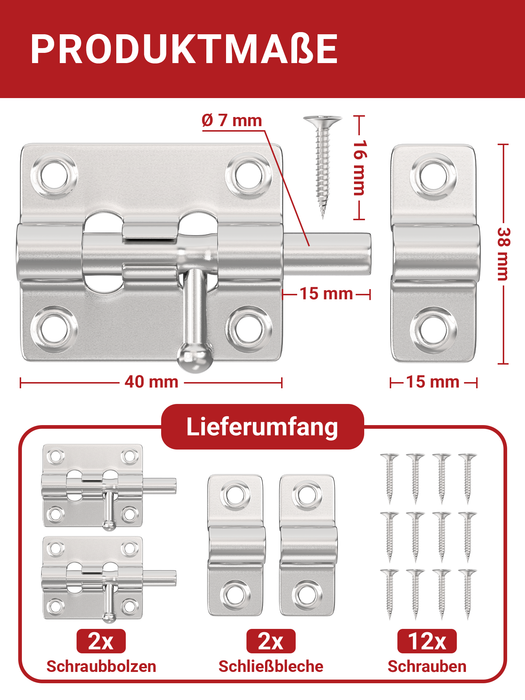LouMaxx Türriegel 2er Set - Riegelschloss 38x45 mm - inklusive Schrauben - Schlossriegel – Riegel Tür - Schieberiegel