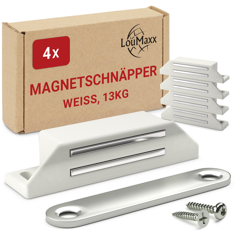 LouMaxx Magnetschnäpper extra stark - Haltekraft 13kg - 4er Set in weiß – Türmagnet - Magnetverschluss - Tür Magnet - Magnetverschluss Schrank