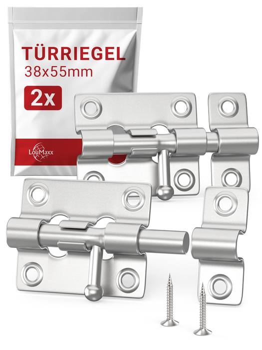 LouMaxx Türriegel 2er Set - Riegelschloss 38x55 mm - inklusive Schrauben - Schlossriegel – Riegel Tür - Schieberiegel – Verriegelung für Türen