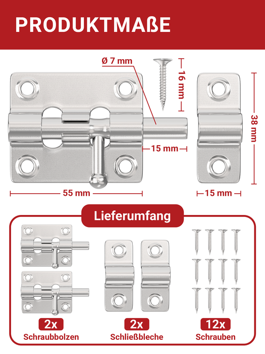 LouMaxx Türriegel 2er Set - Riegelschloss 38x55 mm - inklusive Schrauben - Schlossriegel – Riegel Tür - Schieberiegel – Verriegelung für Türen