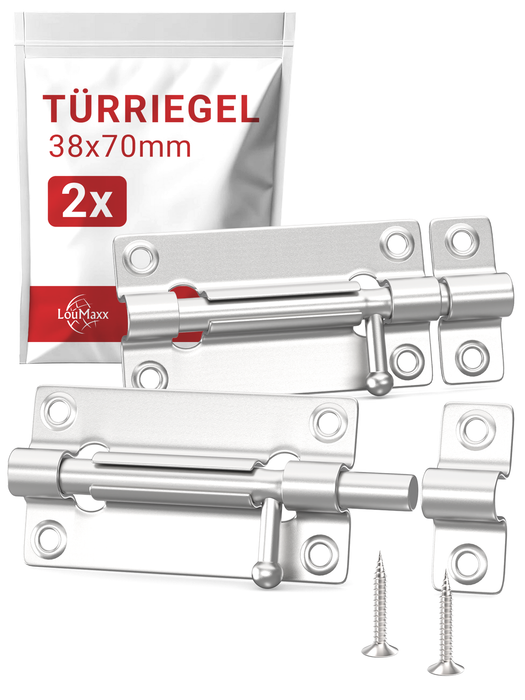 LouMaxx Türriegel 2er Set - Riegelschloss 38x70 mm - inklusive Schrauben - Schlossriegel – Riegel Tür - Schieberiegel – Verriegelung für Türen