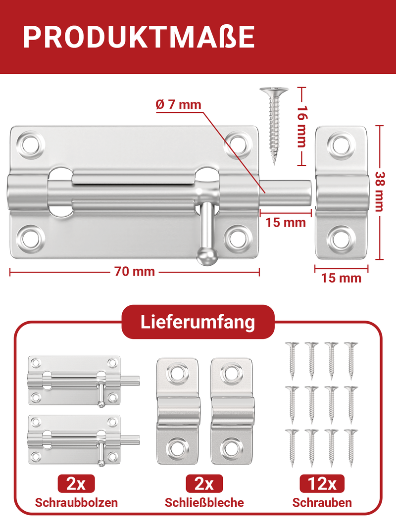 LouMaxx Türriegel 2er Set - Riegelschloss 38x70 mm - inklusive Schrauben - Schlossriegel – Riegel Tür - Schieberiegel – Verriegelung für Türen