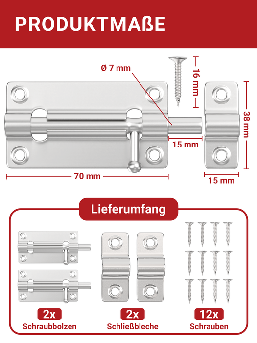 LouMaxx Türriegel 2er Set - Riegelschloss 38x70 mm - inklusive Schrauben - Schlossriegel – Riegel Tür - Schieberiegel – Verriegelung für Türen