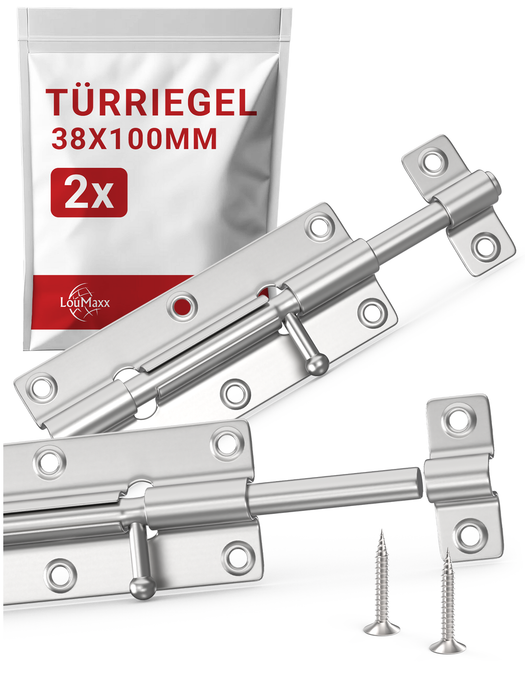 LouMaxx Türriegel 2er Set - Riegelschloss 38x100 mm - inklusive Schrauben - Schlossriegel – Riegel Tür - Schieberiegel – Verriegelung für Türen