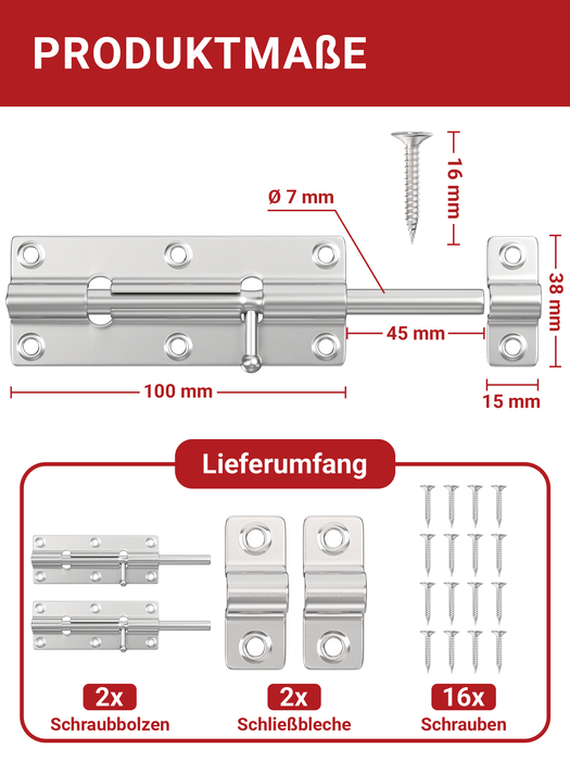 LouMaxx Türriegel 2er Set - Riegelschloss 38x100 mm - inklusive Schrauben - Schlossriegel – Riegel Tür - Schieberiegel – Verriegelung für Türen