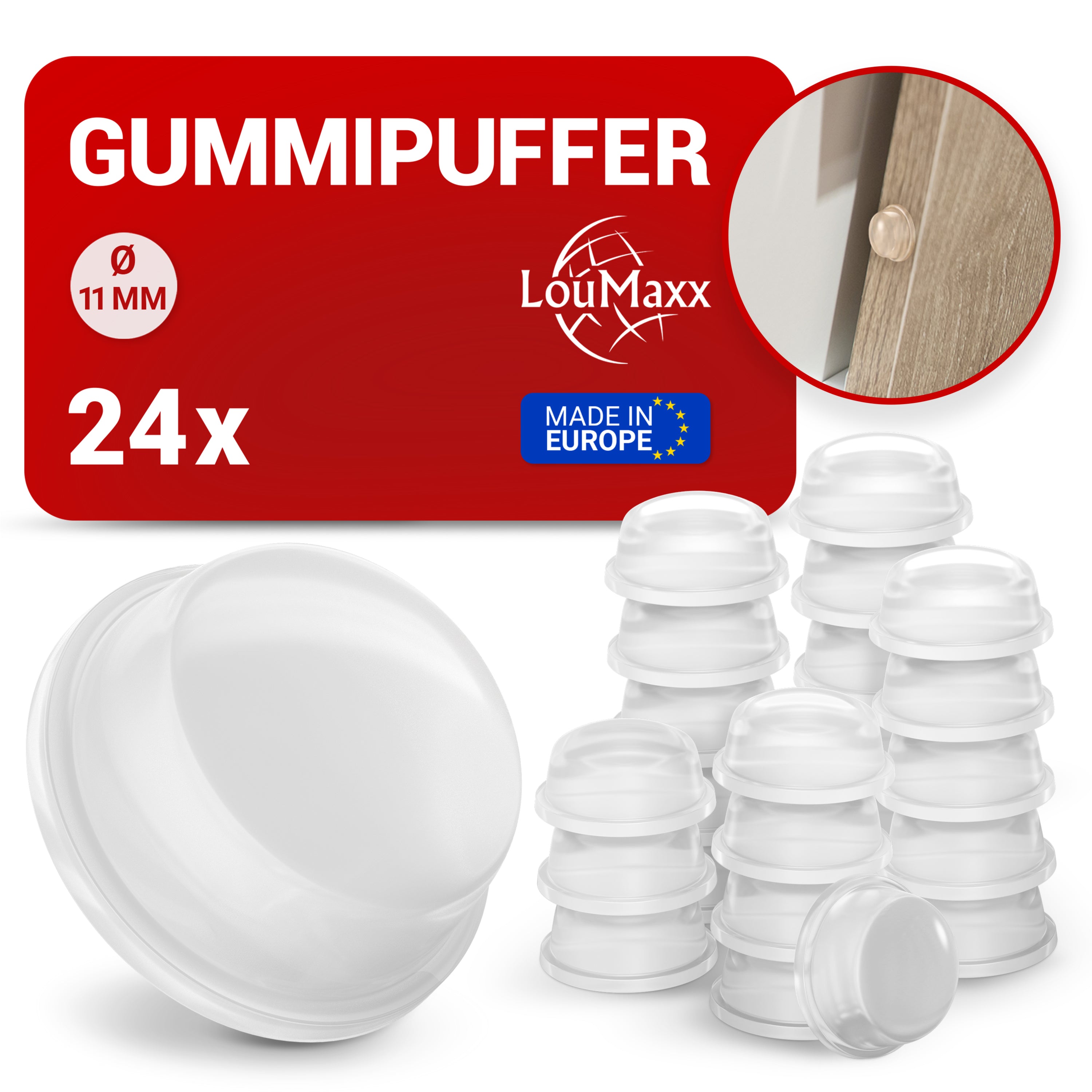 LouMaxx Gummipuffer - 24x Puffer transparent 11mm Ø - Gumminoppen für Glasplatten – Elastikpuffer transparent selbstklebend – Anschlagpuffer