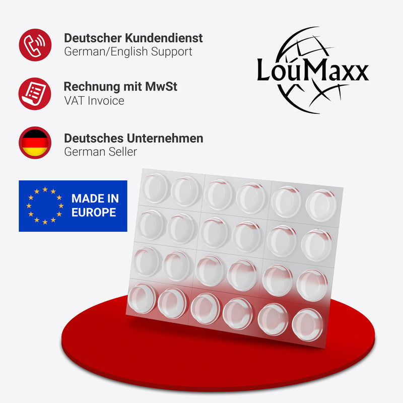 LouMaxx Gummipuffer - 24x Puffer transparent 11mm Ø - Gumminoppen für Glasplatten – Elastikpuffer transparent selbstklebend – Anschlagpuffer