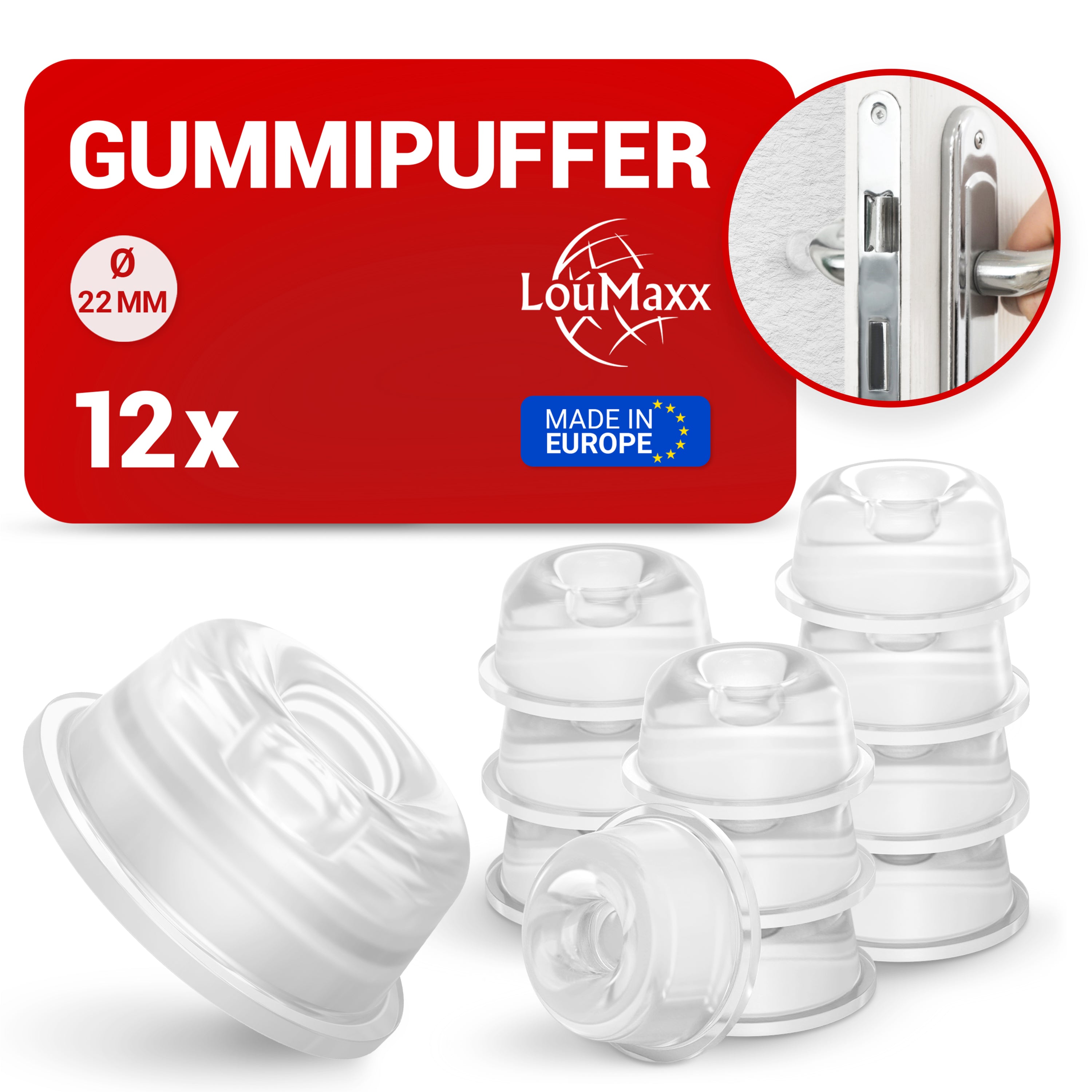 LouMaxx Gummipuffer - 12x Puffer transparent 22mm Ø - Gumminoppen für Glasplatten – Elastikpuffer transparent selbstklebend – Anschlagpuffer