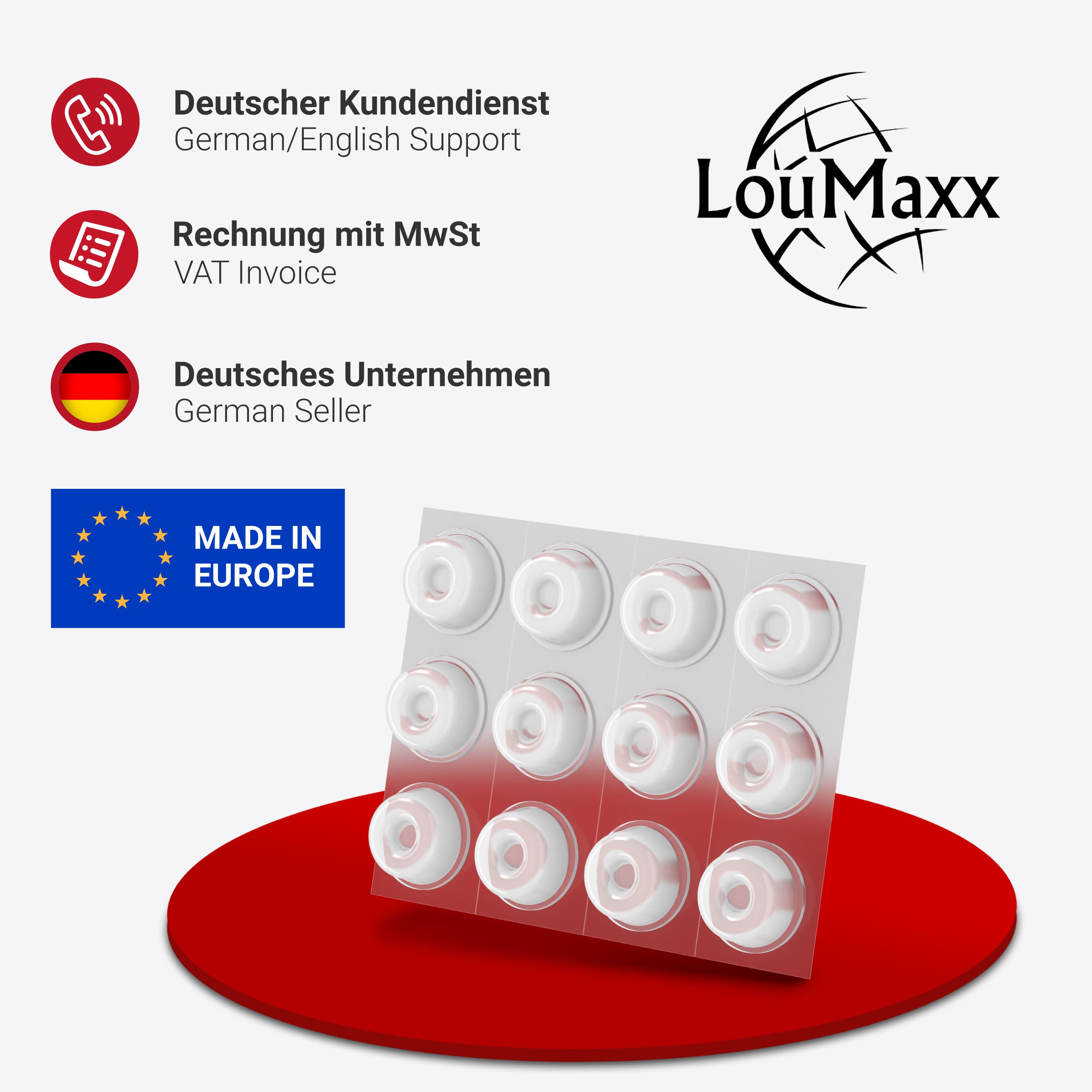 LouMaxx Gummipuffer - 12x Puffer transparent 22mm Ø - Gumminoppen für Glasplatten – Elastikpuffer transparent selbstklebend – Anschlagpuffer