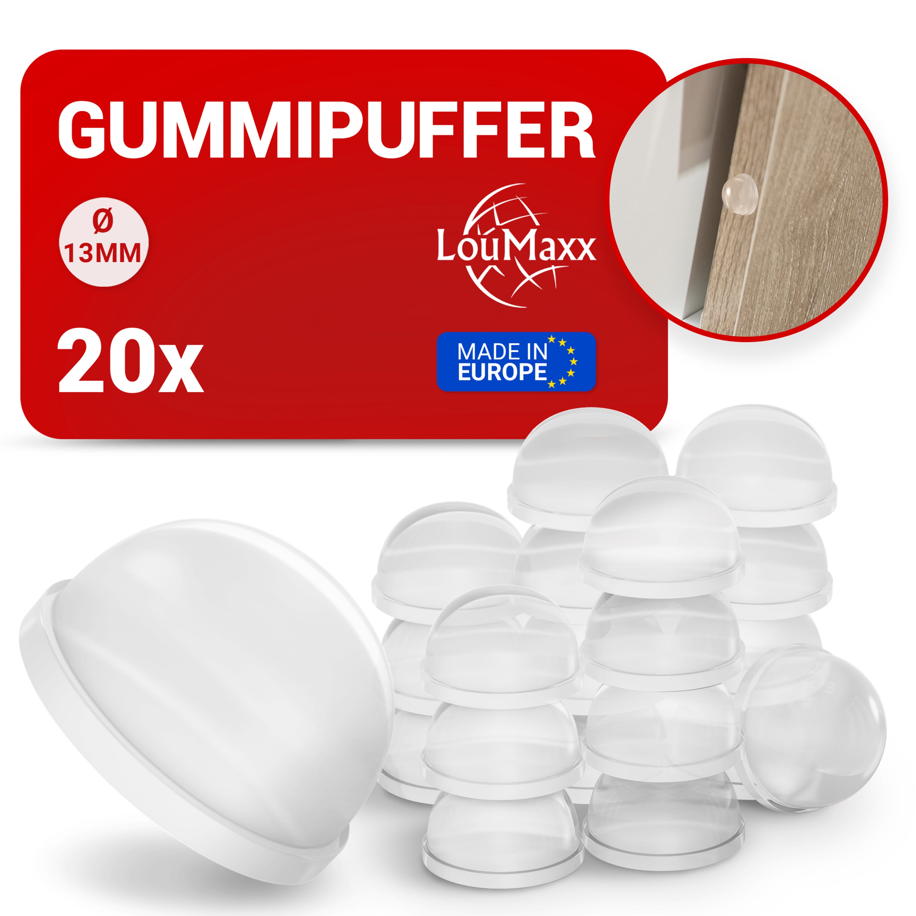 LouMaxx Gummipuffer - 20x Puffer transparent 13mm Ø - Gumminoppen für Glasplatten – Elastikpuffer transparent selbstklebend