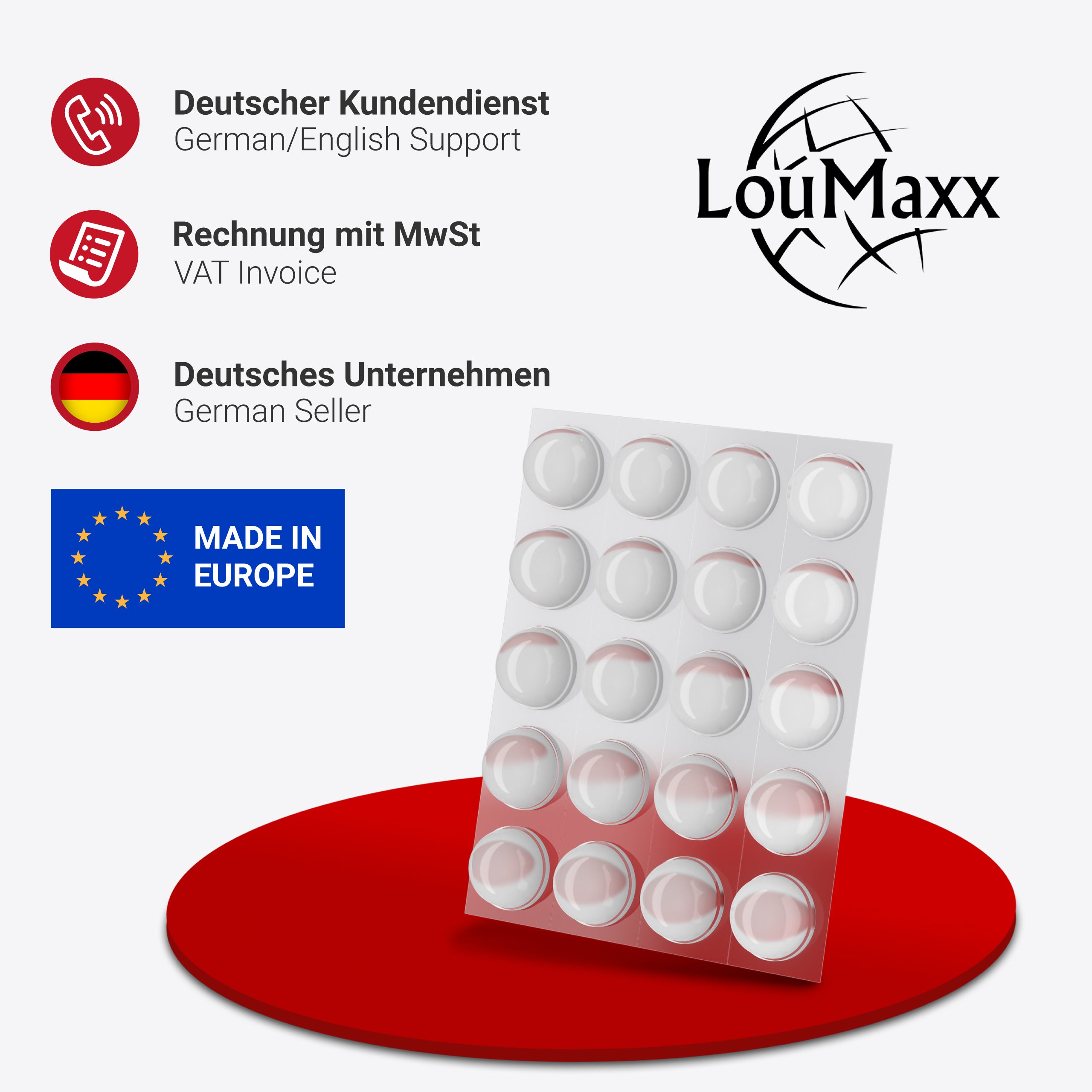 LouMaxx Gummipuffer - 20x Puffer transparent 13mm Ø - Gumminoppen für Glasplatten – Elastikpuffer transparent selbstklebend