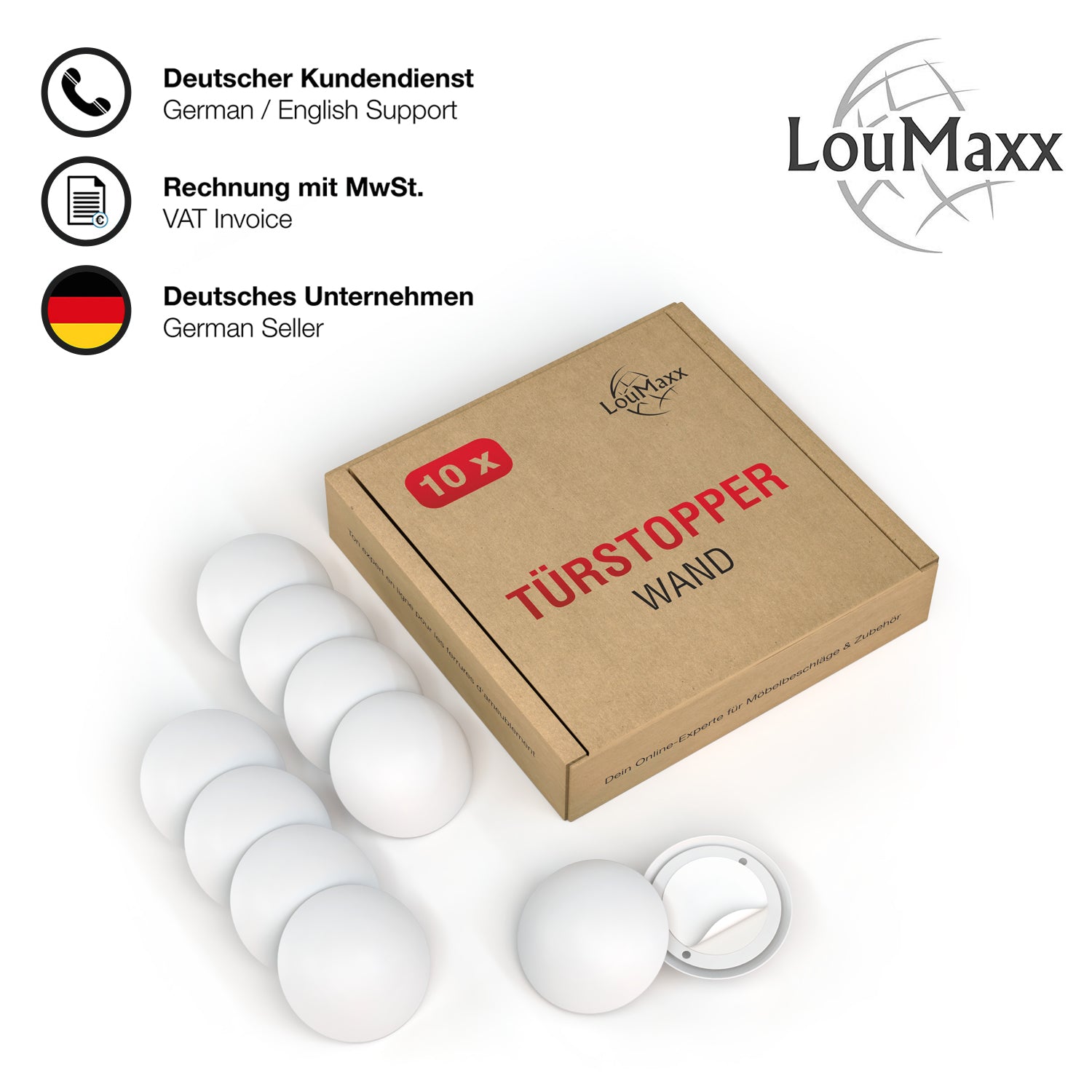 LouMaxx Türstopper Wand selbstklebend oder zum Schrauben Ø 60 mm - 10er Set weiß Wandstopper selbstklebend - Türpuffer Wand