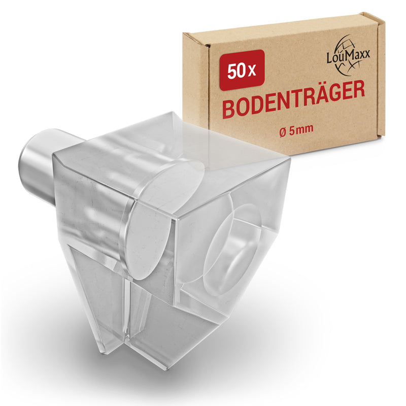 LouMaxx Bodenträger 5mm Kunststoff transparent mit Stahlstift, 50 Stück – Einlegeboden Halter - Regalbodenträger – Regalstifte – Fachbogenträger