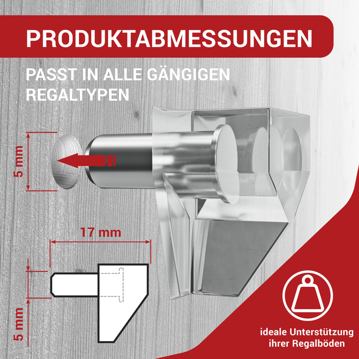 LouMaxx Bodenträger 5mm Kunststoff transparent mit Stahlstift, 50 Stück – Einlegeboden Halter - Regalbodenträger – Regalstifte – Fachbogenträger