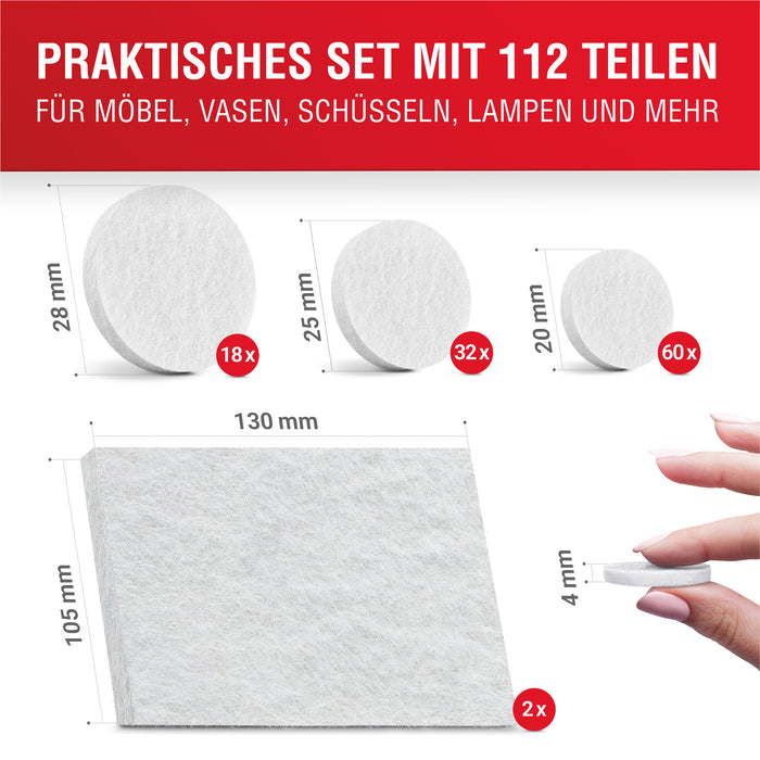 LouMaxx Filzgleiter selbstklebend weiß 112er Set (rund & eckig) – Filz selbstklebend - Möbelgleiter mit 4 mm Dicke und hoher Klebkraft
