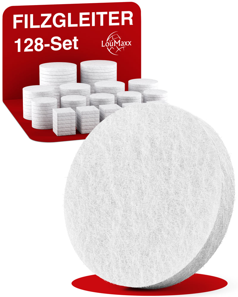 LouMaxx Filzgleiter selbstklebend weiß 128er Set (rund & eckig) – Filzgleiter für Stühle - Bodenschutz mit 3 mm Dicke und hoher Klebkraft – Premium Schutz für Ihre empfindlichen Böden