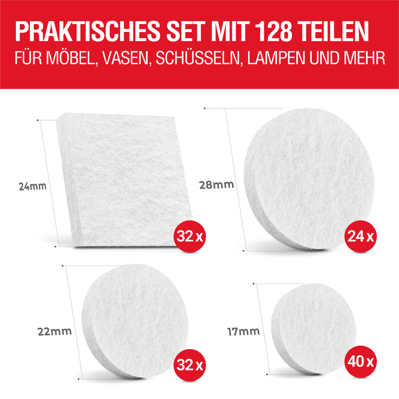 LouMaxx Filzgleiter selbstklebend weiß 128er Set (rund & eckig) – Filzgleiter für Stühle - Bodenschutz mit 3 mm Dicke und hoher Klebkraft – Premium Schutz für Ihre empfindlichen Böden