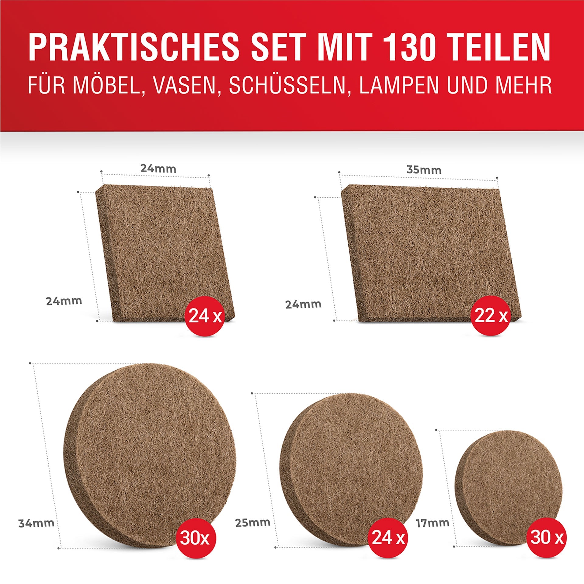 LouMaxx Filzgleiter selbstklebend braun 130er Set (rund & eckig) – Filz selbstklebend - Möbelgleiter mit 4 mm Dicke und hoher Klebkraft