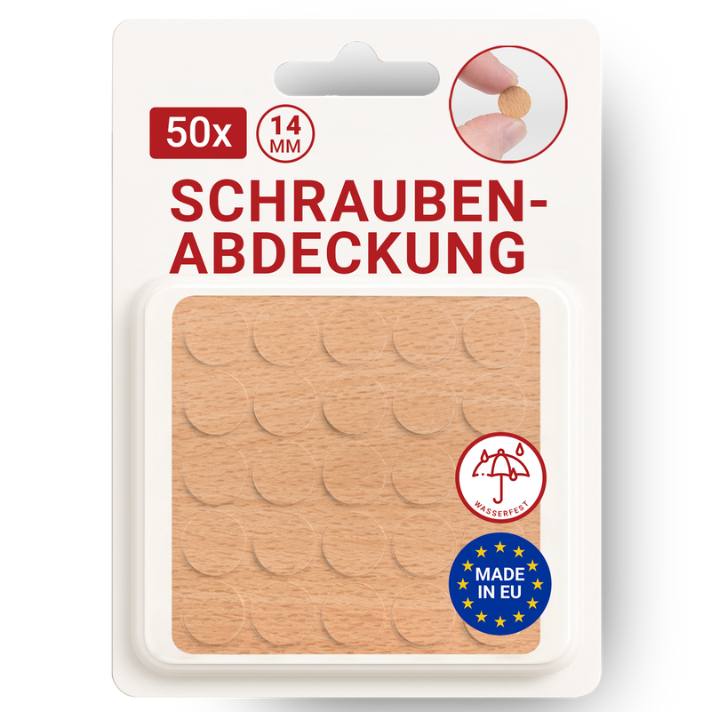 LouMaxx Abdeckkappen für Schrauben rund, Buche Ø 14 mm – 50er Set - Selbstklebende Abdeckkappen für Bohrlöcher und kleine Beschädigungen – Universelle Schraubenabdeckung– Made in EU