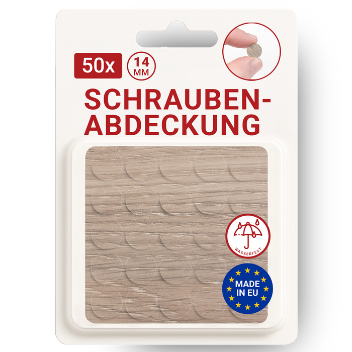 LouMaxx Abdeckkappen für Schrauben rund, Weißeiche Ø 14 mm – 50er Set - Selbstklebende Abdeckkappen für Bohrlöcher und kleine Beschädigungen – Universelle Schraubenabdeckung Made in EU