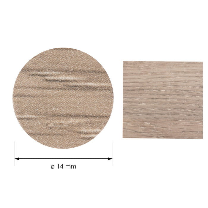LouMaxx Abdeckkappen für Schrauben rund, Weißeiche Ø 14 mm – 50er Set - Selbstklebende Abdeckkappen für Bohrlöcher und kleine Beschädigungen – Universelle Schraubenabdeckung Made in EU